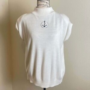 Garan by Marita Vintage White Mock Neck Nautical Anchor Knit Vest  Padded